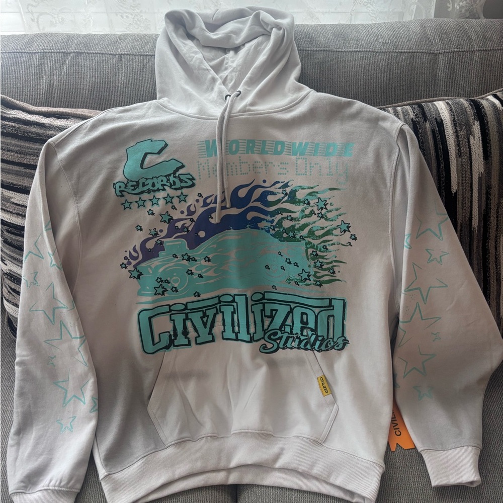 Civilized Studios White and Blue Graphic Sweater